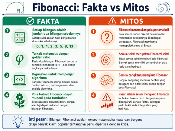 Infografis fakta dan mitos mengenai bilangan Fibonacci.