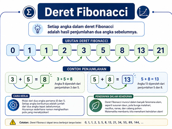 Diagram pola bilangan Fibonacci dan cara menghitung angka berikutnya.