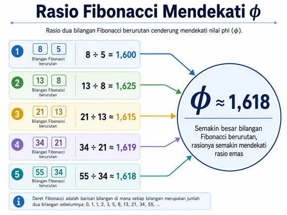 Diagram hubungan bilangan Fibonacci dengan golden ratio 1,618.