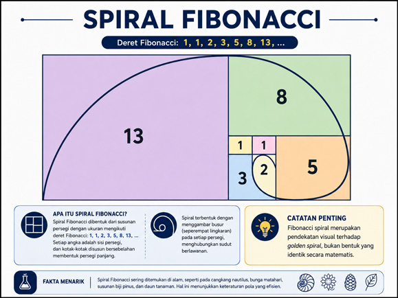 Ilustrasi kotak Fibonacci dan kurva Fibonacci spiral