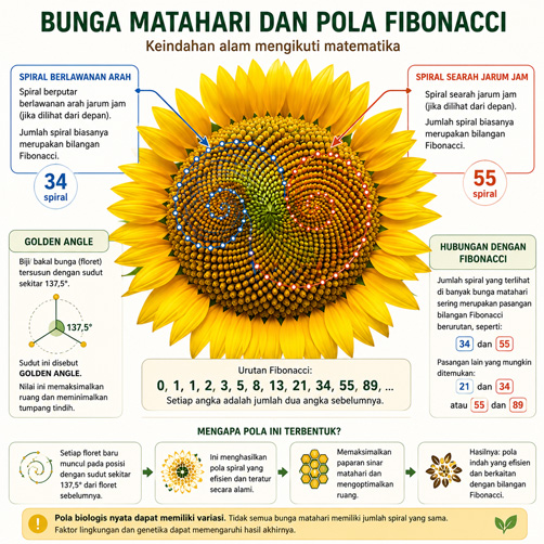 Pola Fibonacci pada spiral biji bunga matahari dan golden angle