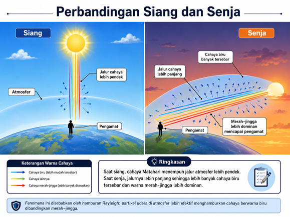 Perbandingan hamburan cahaya saat siang dan Matahari terbenam.