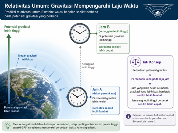Ilustrasi pengaruh gravitasi terhadap laju waktu pada ketinggian berbeda