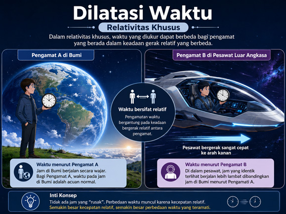 Ilustrasi perbandingan waktu absolut Newton dan teori relativitas Einstein