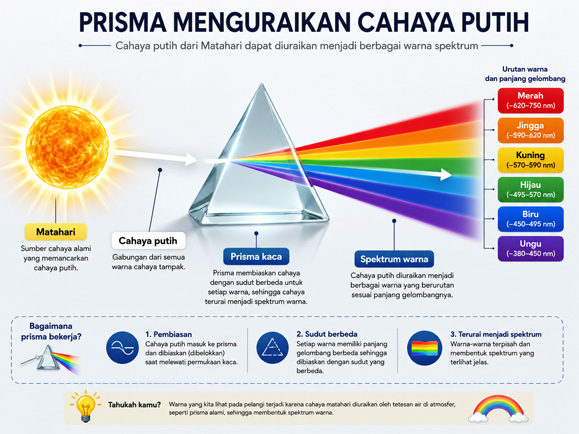 Ilustrasi cahaya Matahari putih yang terurai menjadi spektrum warna.