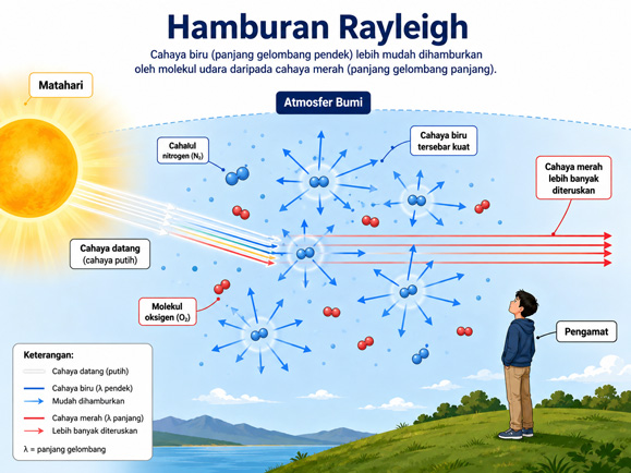 Diagram hamburan Rayleigh yang menjelaskan kenapa langit berwarna biru.