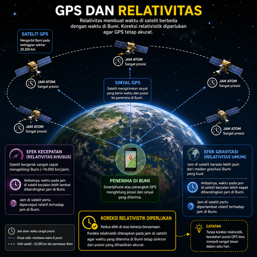 Infografis satelit GPS dan koreksi waktu berdasarkan teori relativitas