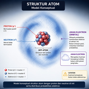 Ilustrasi struktur atom yang menunjukkan proton, neutron, dan elektron