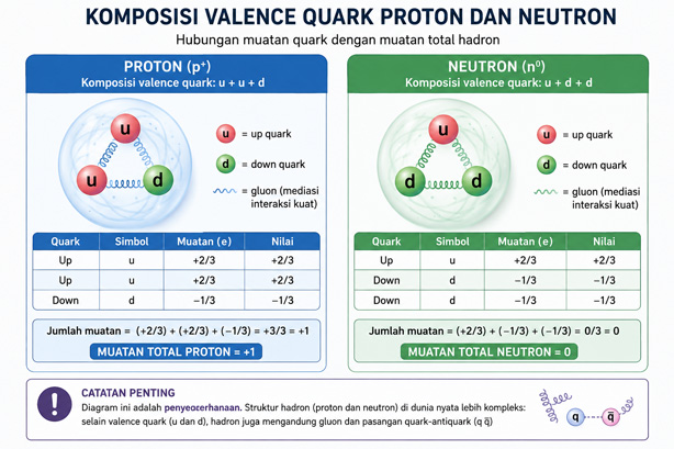 Diagram quark up dan down penyusun proton serta neutron
