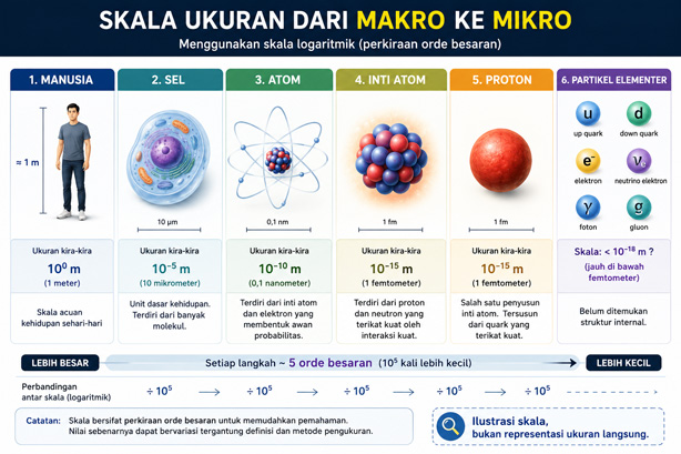 Infografis skala manusia, sel, atom, inti atom, proton dan partikel elementer
