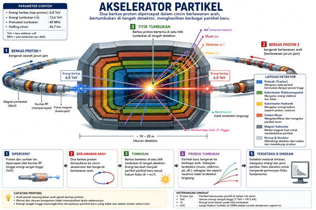 Ilustrasi akselerator partikel dengan dua berkas proton bertumbukan di dalam detektor
