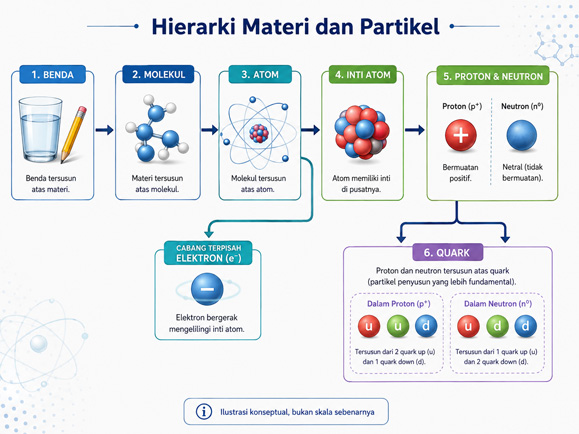 Diagram tingkatan materi dari benda, molekul, atom, inti atom, proton, neutron hingga quark
